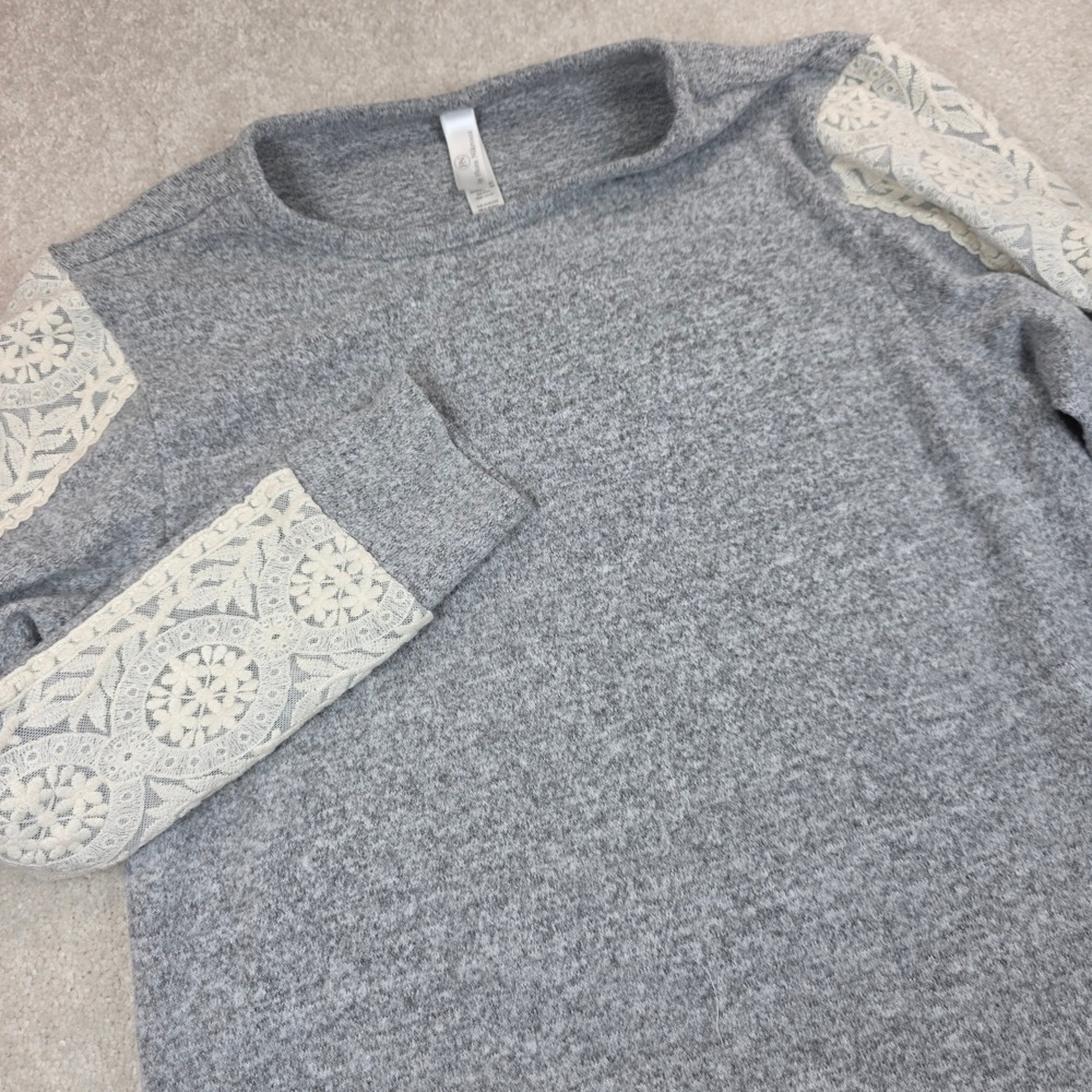 Flora Nikrooz Top Women Small Gray Lace Sleeve Knit Crew Neck Lounge Heathered